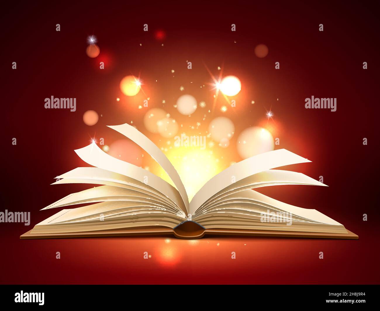 Buch mystisches Licht. Realistisch geöffnete magische Seiten mit leuchtenden und glühenden Partikeln, Bildungs- und Unterhaltungsliteratur, Wundergeschichte, Banner oder Stock Vektor