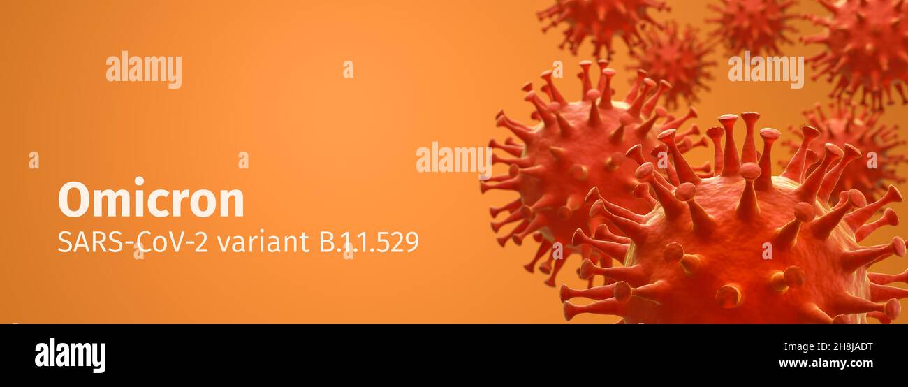 Corona-Virus - Schematische Darstellung von Viren der Corona-Familie in orangefarbener Farbe. Overlay-Text „Omicron - SARS-CoV-2 Variant B.1.1.529“. Selektiver Fokus Stockfoto
