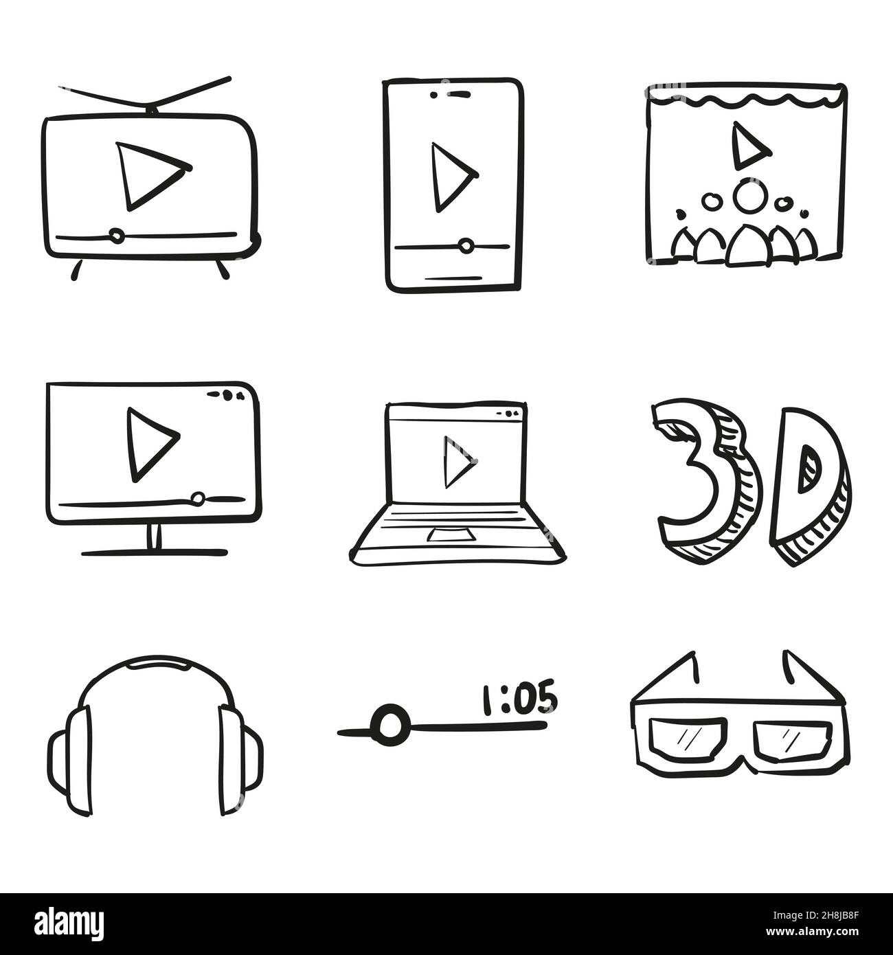 Handgezeichnetes Symbol in einer Reihe von Videos oder Musik über verschiedene Geräte Doodle-Stil isoliert Stock Vektor