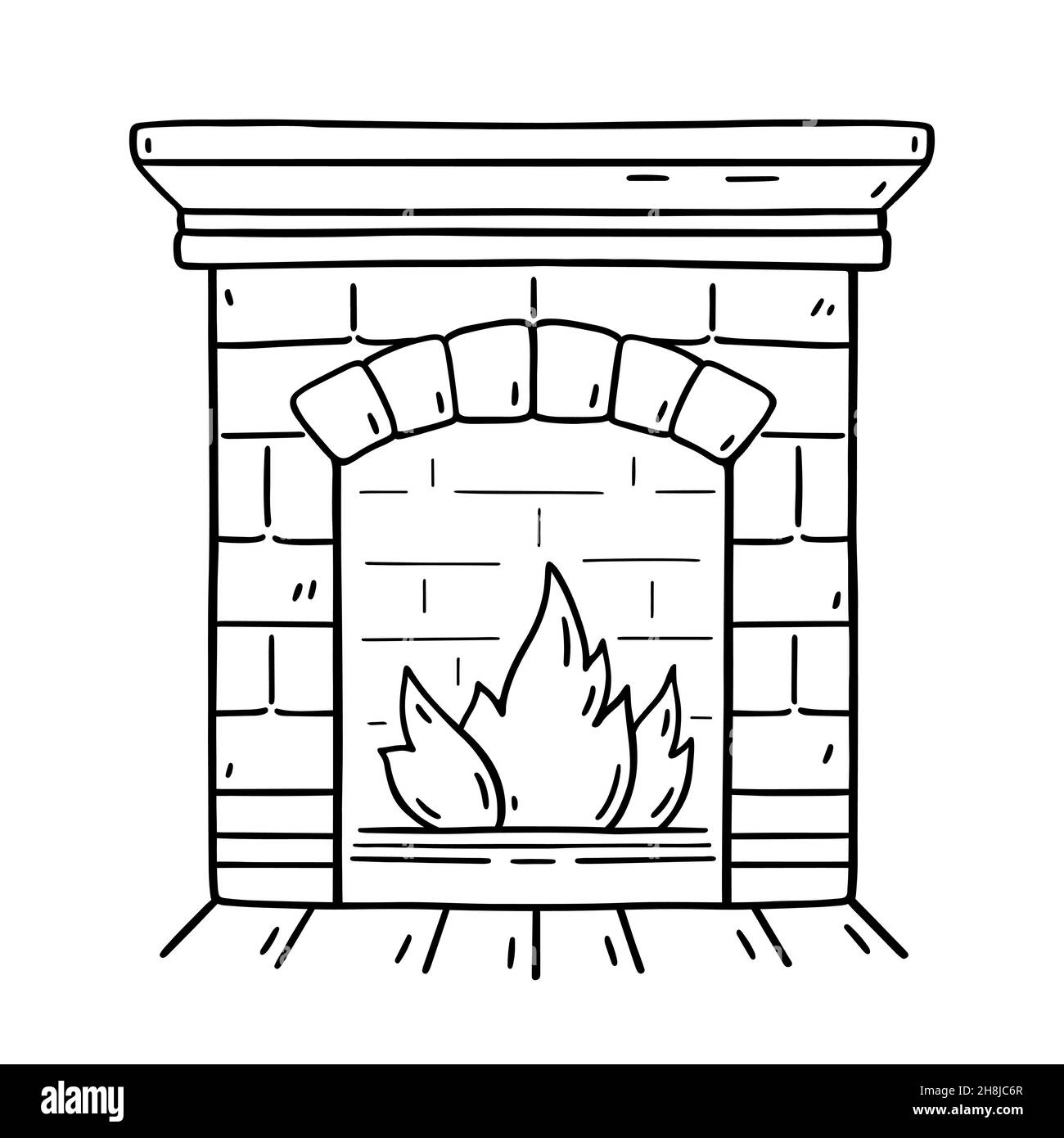 Home Kamin aus Ziegeln isoliert auf weißem Hintergrund. Innenelement für Komfort und Wärme im Haus. Handgezeichnete Vektorgrafik. Perfekt für Urlaubs- und Weihnachtsmotive, Karten, Logo Stock Vektor