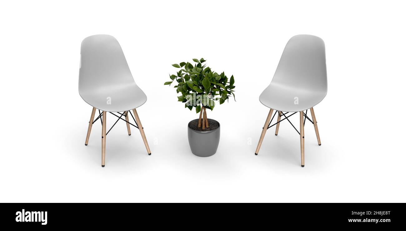 Weißer Stuhl, modernes Design. Stühle isoliert auf weißem Hintergrund mit Topfpflanze in der Mitte. 3D Darstellung von Möbeln Stockfoto