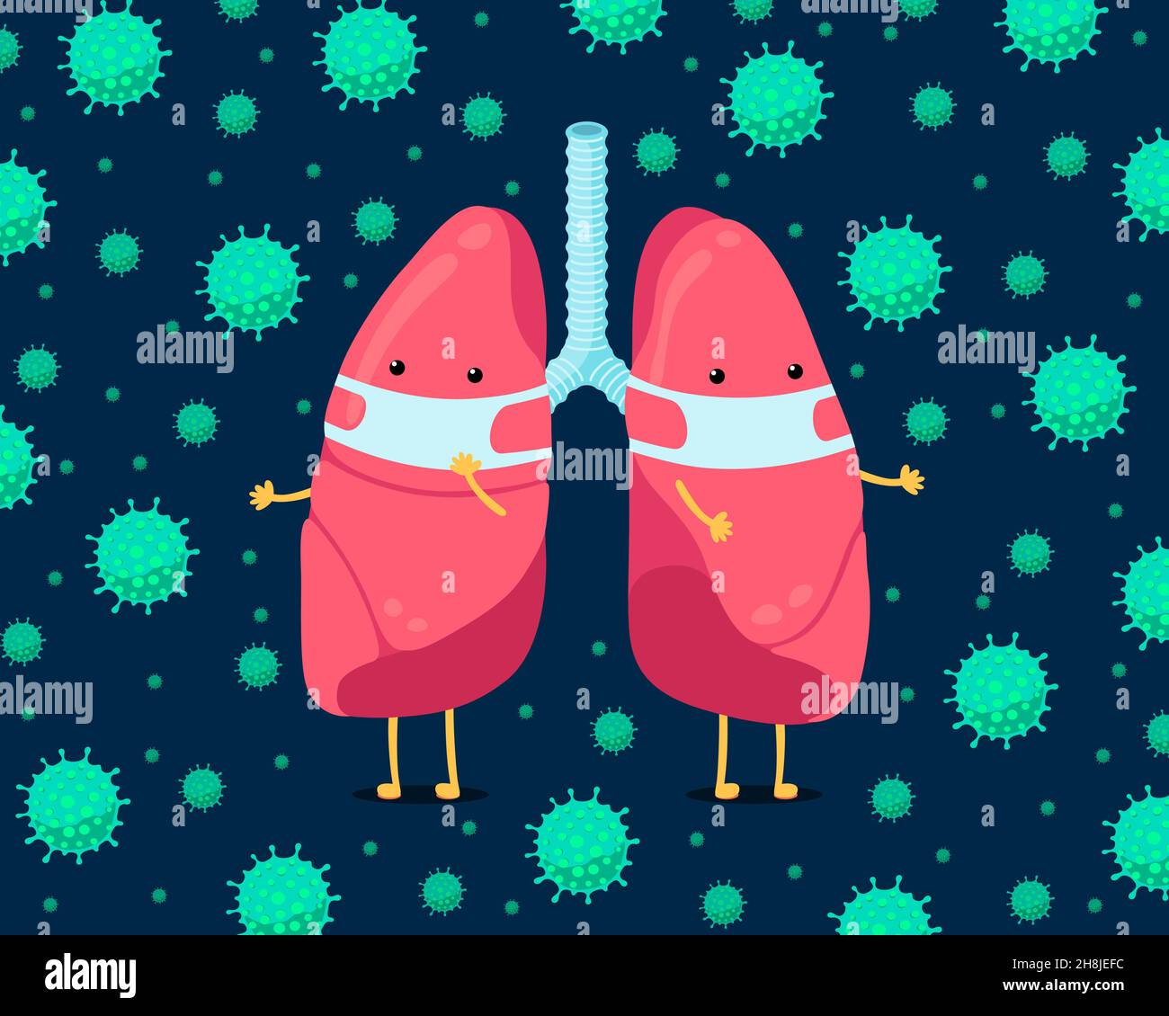 Cartoon Lunge Charakter mit Atemhygiene Gesichtsmaske und Coronavirus-Infektion um. Das menschliche innere Organ verhindert eine kranke Lungenentzündung COVID-19-Tröpfchen aus der Luft. Vektorgrafik zum medizinischen Schutz Stock Vektor