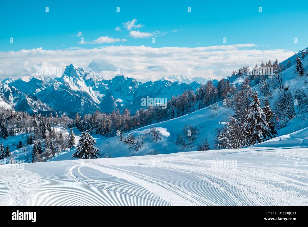 Auf dem Berg Zoncolan, Karnischen alpen nach einem großen Schneefall. Provinz Udine, Region Friaul-Julisch Venetien, Italien Stockfoto