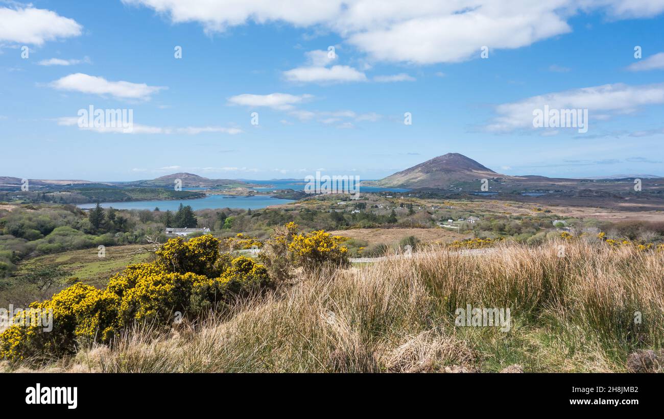 Wunderschöner Panoramablick auf die irische Landschaft mit Blick auf den Tully Mountain vom Diamond Hill im Connemara National Park, County Galway, Irland. Stockfoto