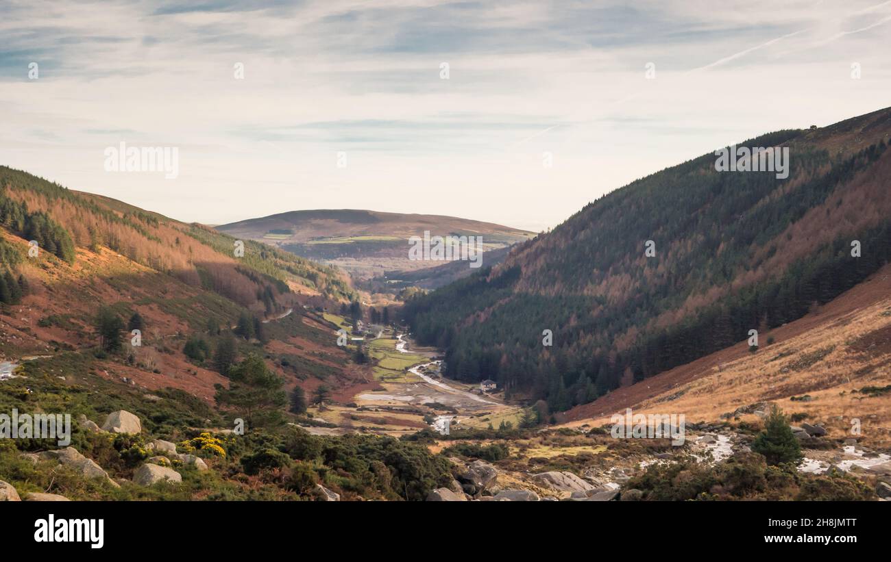 Blick auf das Glendasan Valley, Teil des Wicklow Gap, County Wicklow, Irland. Stockfoto