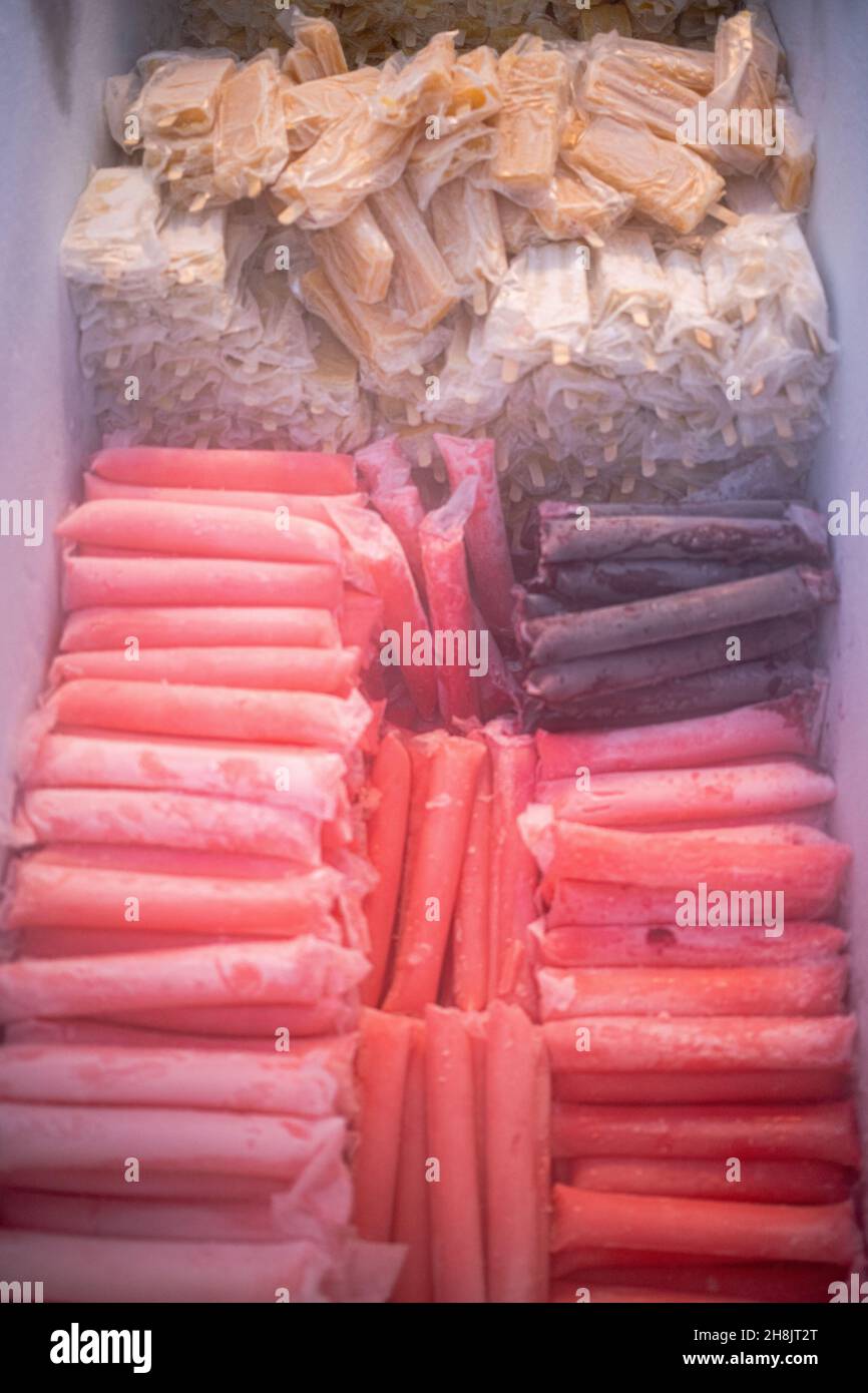 Welche Geschmacksrichtung mögen Sie?, hausgemachtes Eis zum Verkauf beim Eat Festival, Muscat, Oman Stockfoto