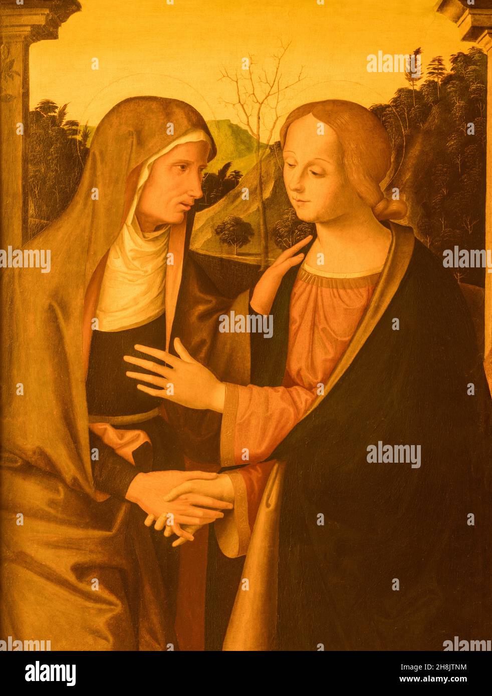 Forlí, ITALIEN - 11. NOVEMBER 2021: Die Renaissance-Heimsuchung in der Kirche San Antonio Abate von Marco Palmezzano (1510). Stockfoto