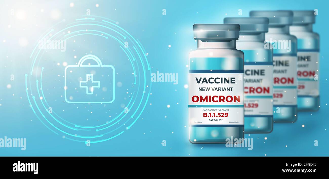 Neue Coronavirus-Variante - omicron (B.1.1.529). COVID-19 Hintergrund mit realistischen Impfstoffflaschen vor einem futuristischen Hintergrund im medizinischen Gesundheitswesen Stockfoto