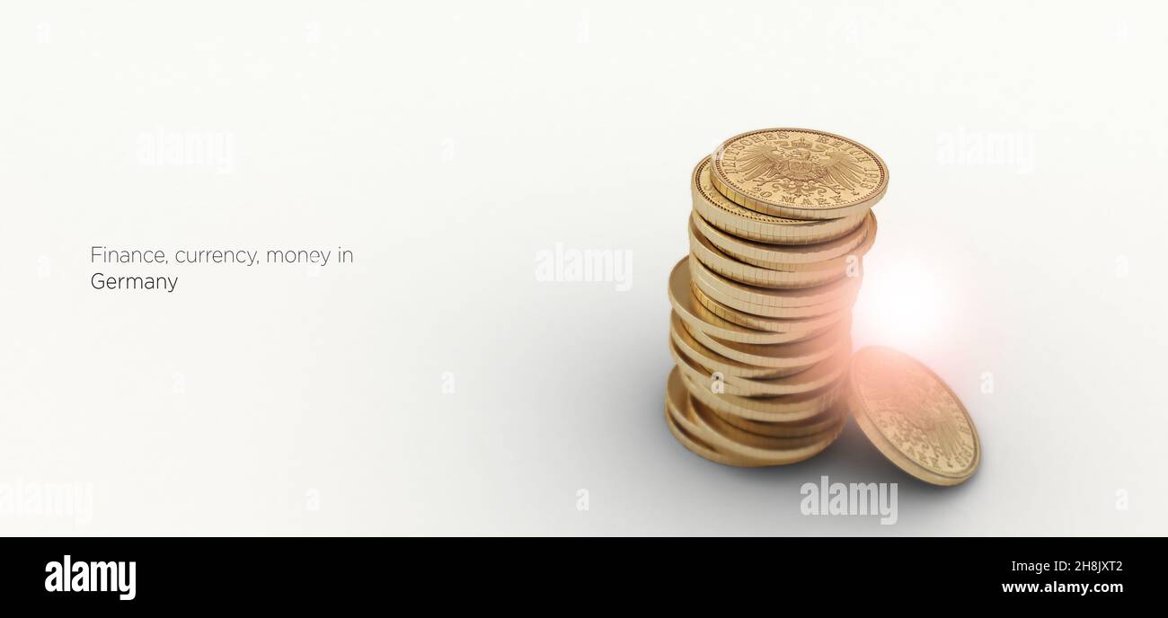 Deutsche Währung. Isolierte Münzen 3D Abbildung. Münzen stapelten sich mit wirtschaftlichen, finanziellen und Handelskonzepten Hintergrund. Stockfoto