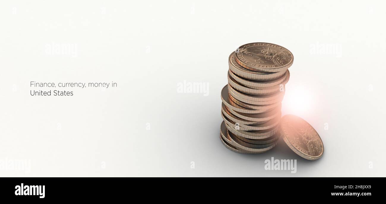 US-Währung. Isolierte Münzen 3D Abbildung. Münzen stapelten sich mit wirtschaftlichen, finanziellen und Handelskonzepten Hintergrund. Stockfoto