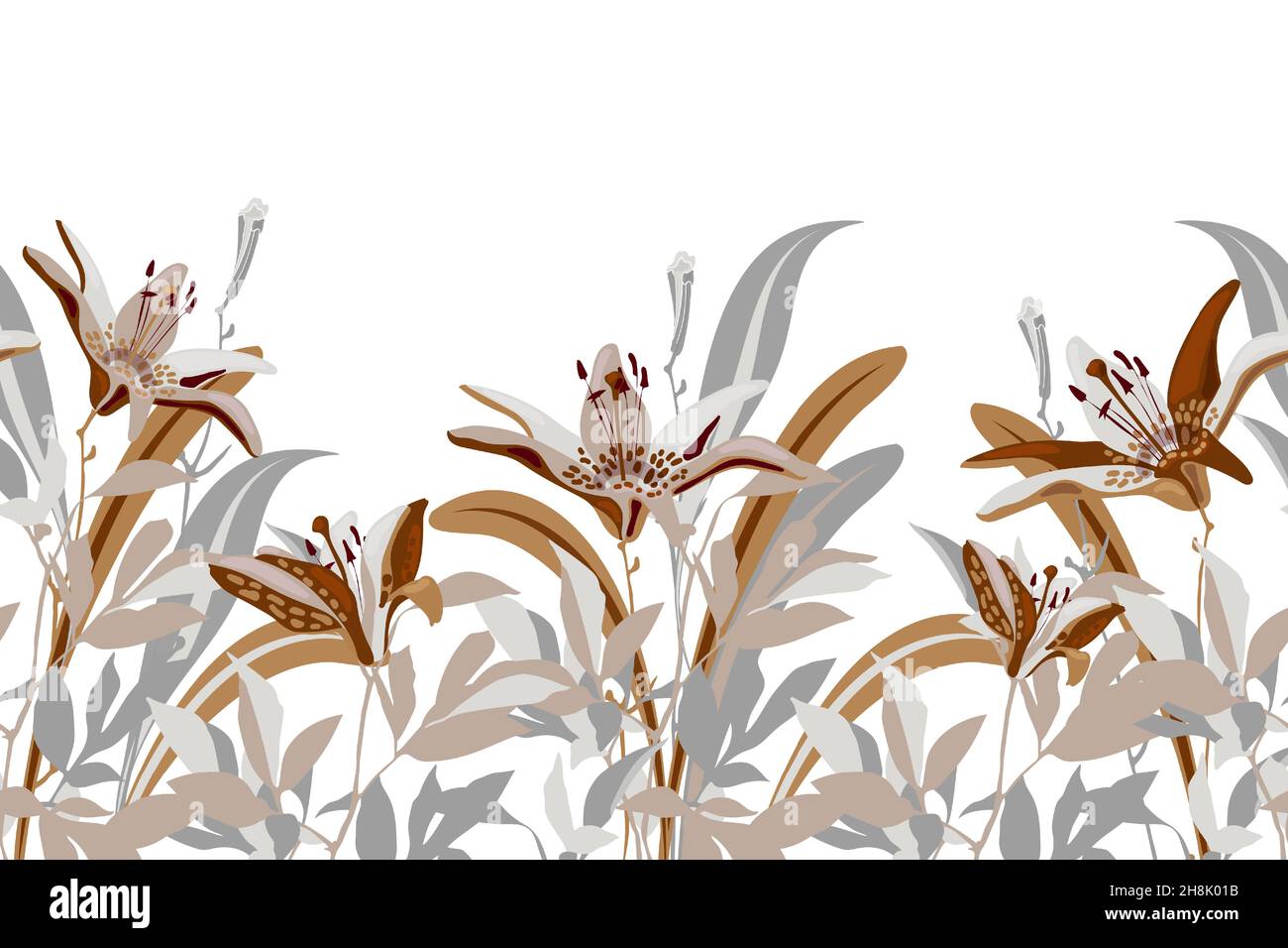 Vektor florales Nahtloses Muster, Rand. Horizontales Panorama-Design mit grau-braunen Blüten, Zweigen und Blättern. Stock Vektor