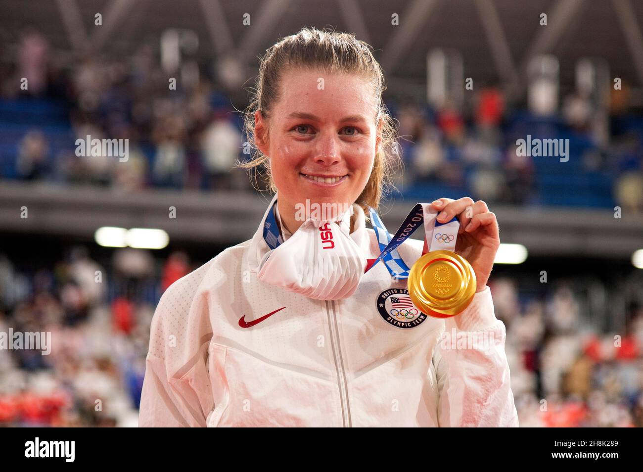 Jennifer Valente aus den Vereinigten Staaten, Goldmedaillengewinnerin bei der Omnium-Frauenveranstaltung bei den Olympischen Spielen 2020 in Tokio Stockfoto