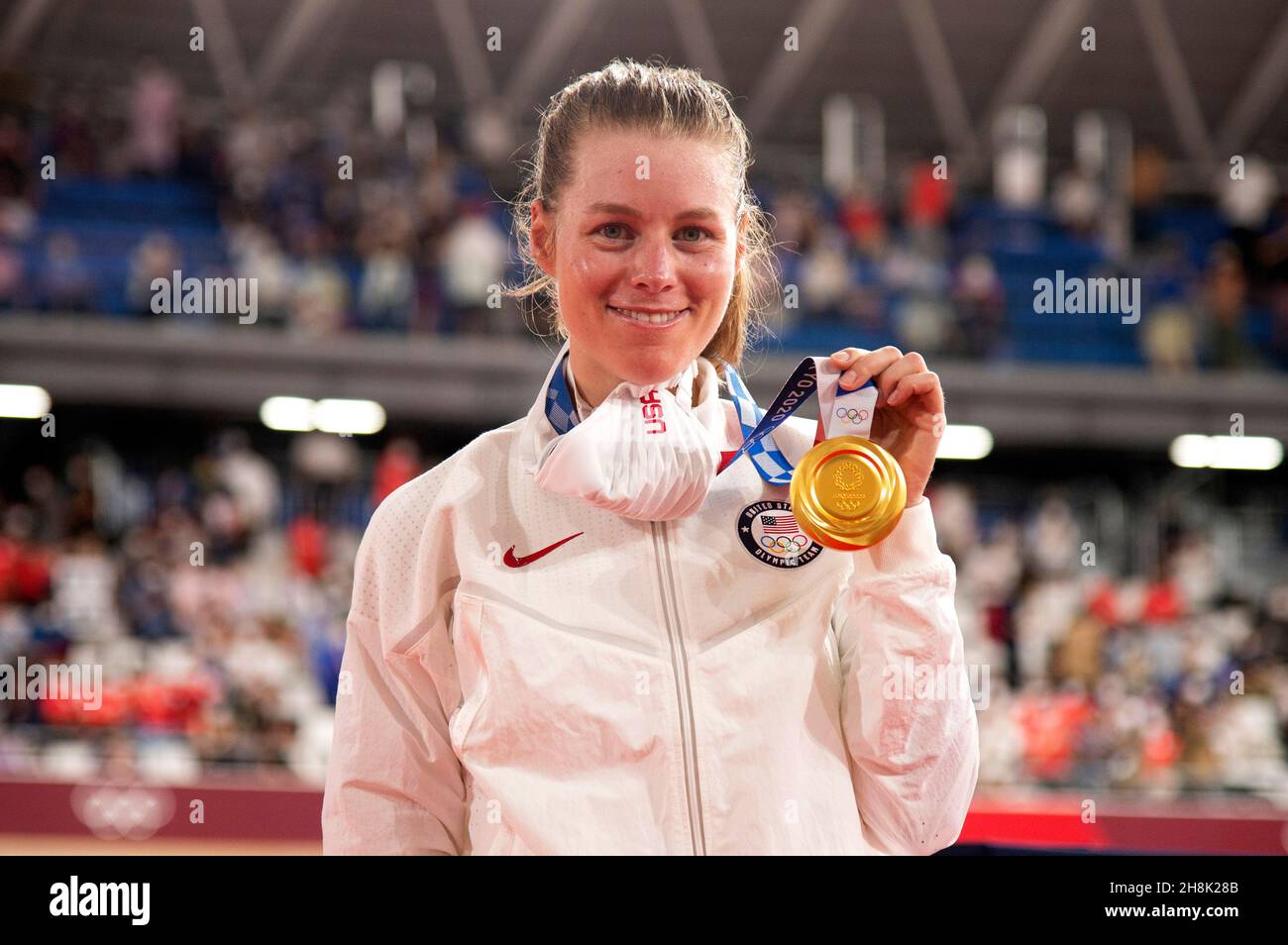 Jennifer Valente aus den Vereinigten Staaten, Goldmedaillengewinnerin bei der Omnium-Frauenveranstaltung bei den Olympischen Spielen 2020 in Tokio Stockfoto