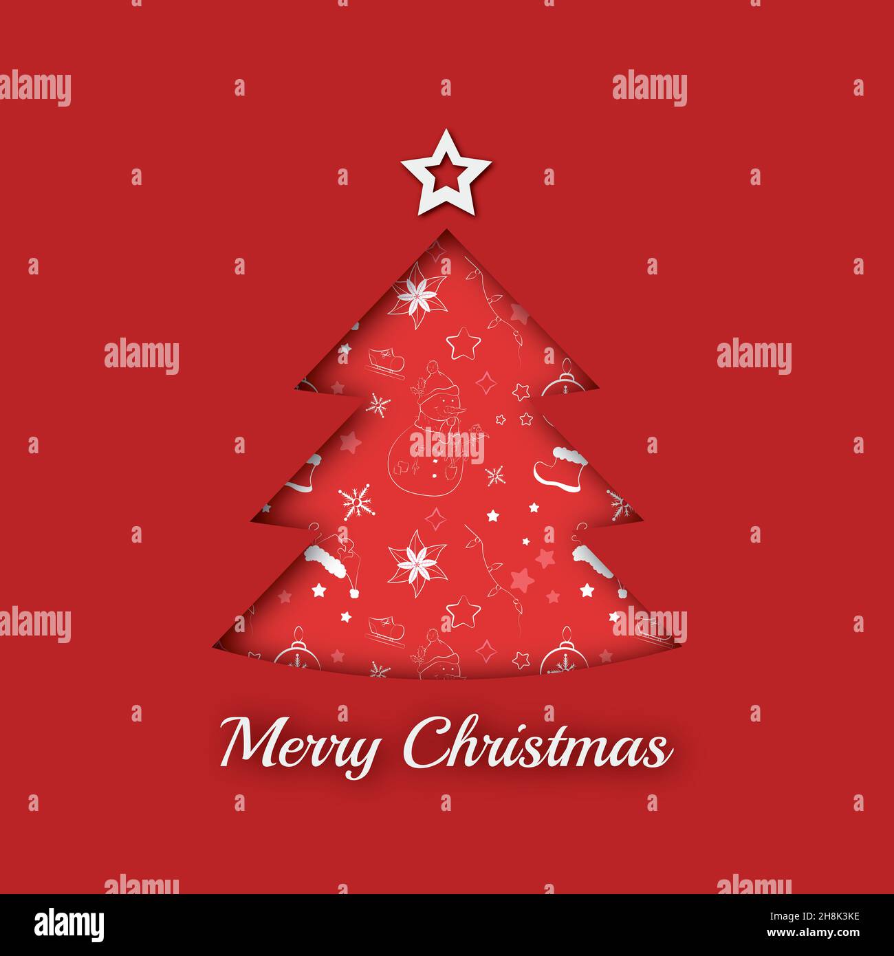 Frohe Weihnachten Grußkarte Illustration. Roter Weihnachtsbaum mit Muster Stockfoto