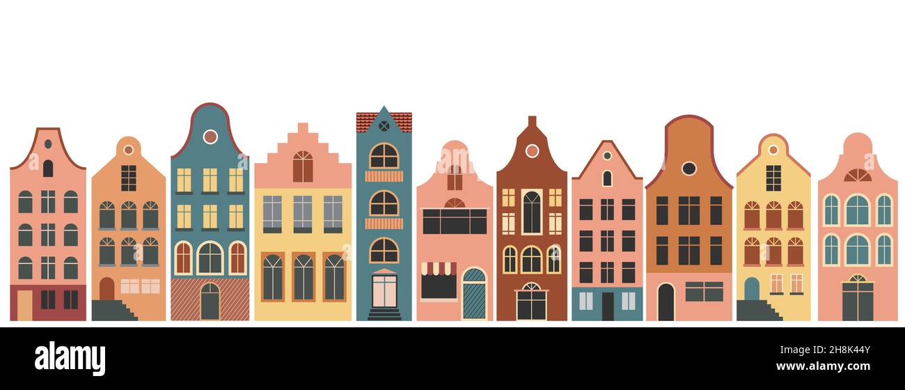 Niederländische Häuser, Amsterdam traditionelle farbenfrohe Häuser, Architekturillustrationen Stock Vektor