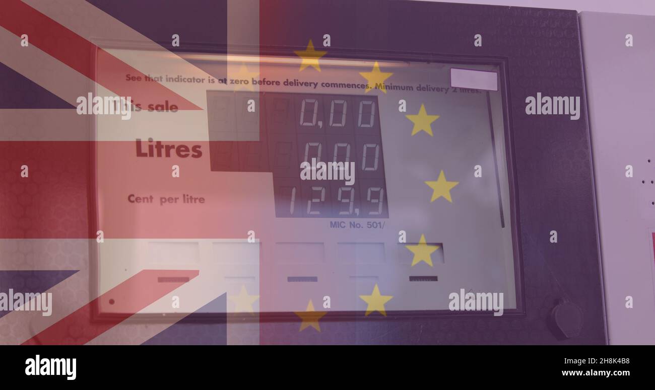Mehrfache Exposition von britischen und europäischen Gewerkschaftsflaggen über Meter auf dem Schrank an der Tankstelle Stockfoto