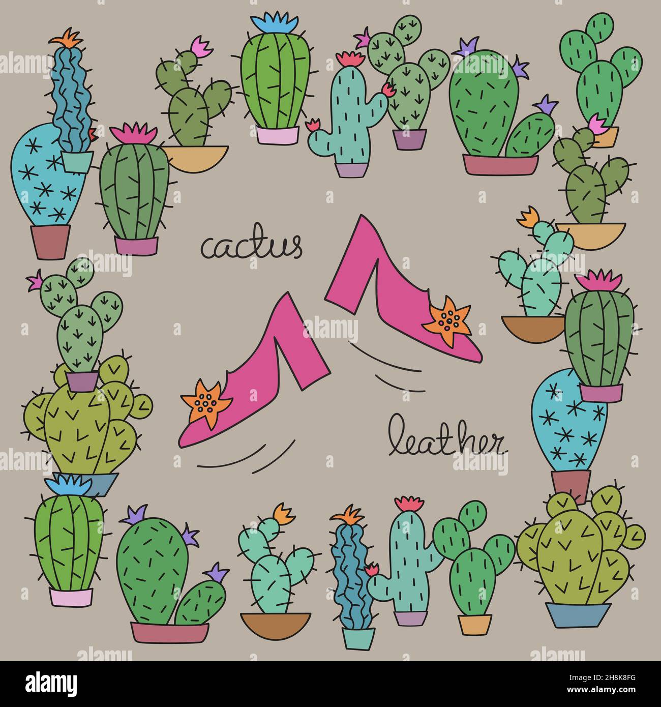 Kaktusleder. Rosa Schuhe umgeben von verschiedenen Kaktuspflanzen auf grauem Hintergrund. Stock Vektor