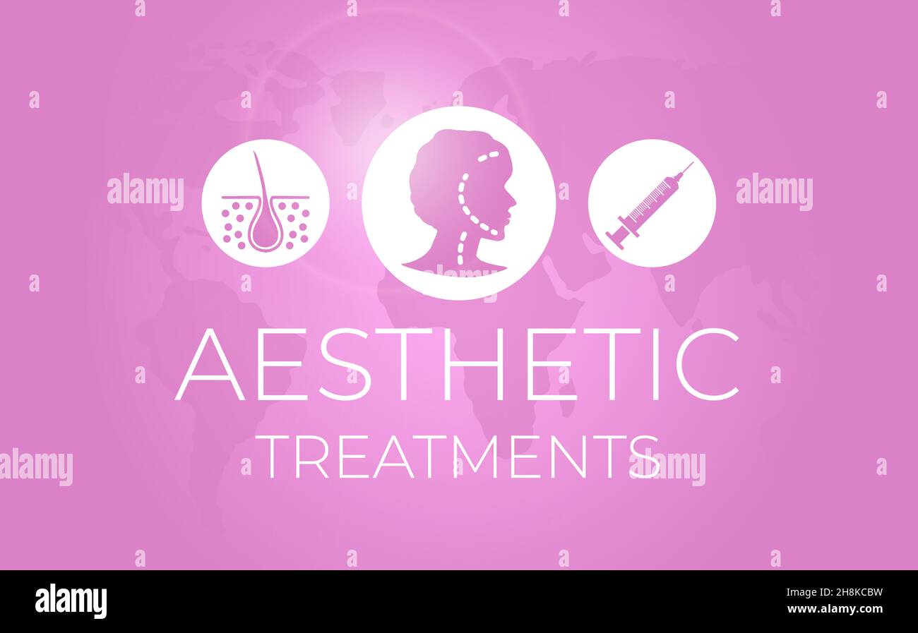 Pink Aesthetics Treatments Hintergrunddarstellung für Frauen mit Haut-, Gesicht- und Injektionssymbolen Stock Vektor