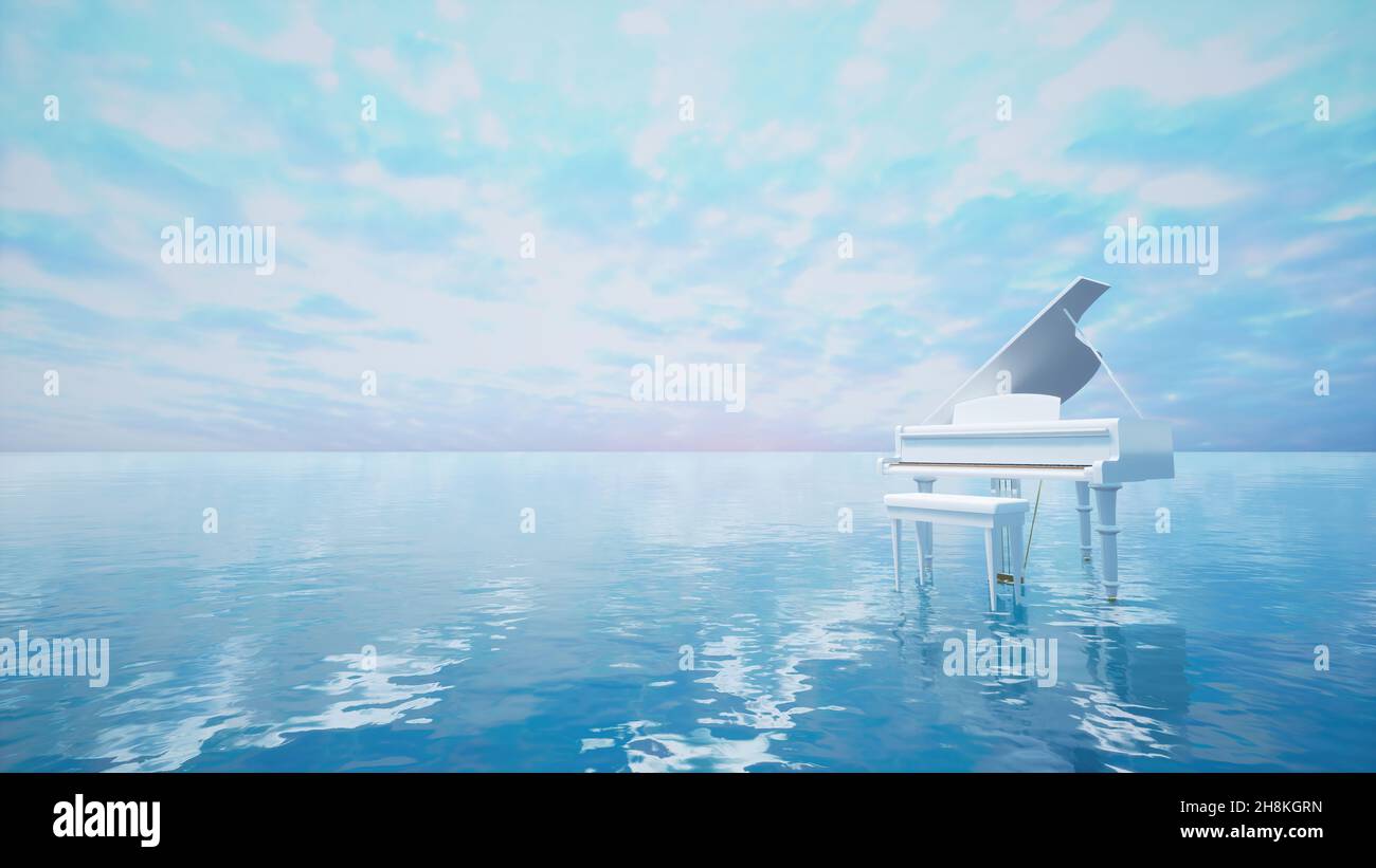 Surreale Meereszene mit weißem Klavier auf dem Wasser in der Dämmerung mit Blautönen. 3D Abbildung. Stockfoto
