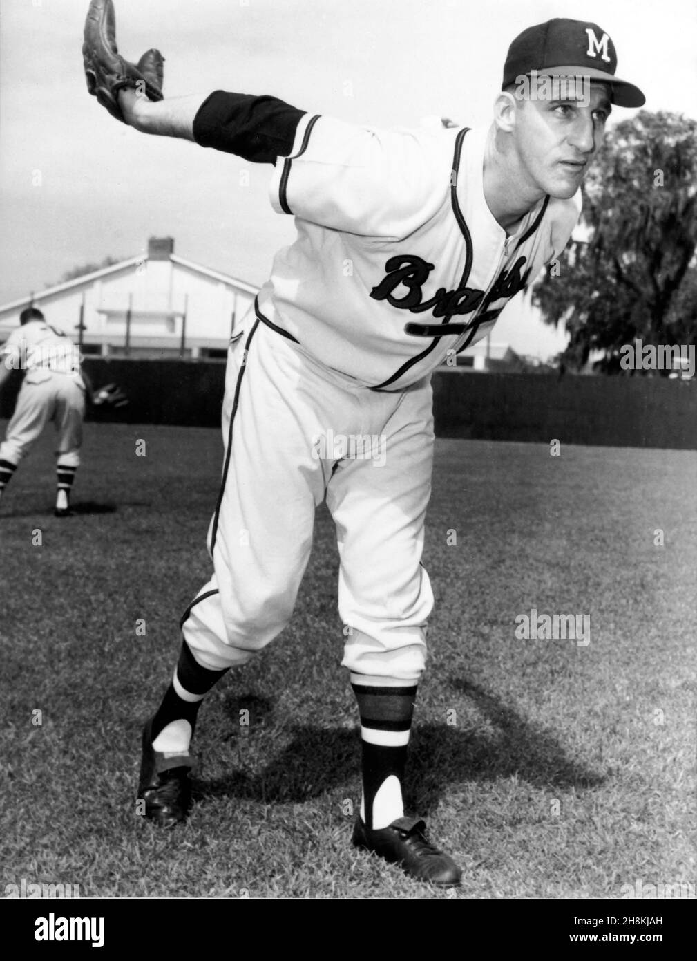 Pitcher Warren Spahn der Milwaukee Braves beim Frühjahrstraining um 1950s Stockfoto