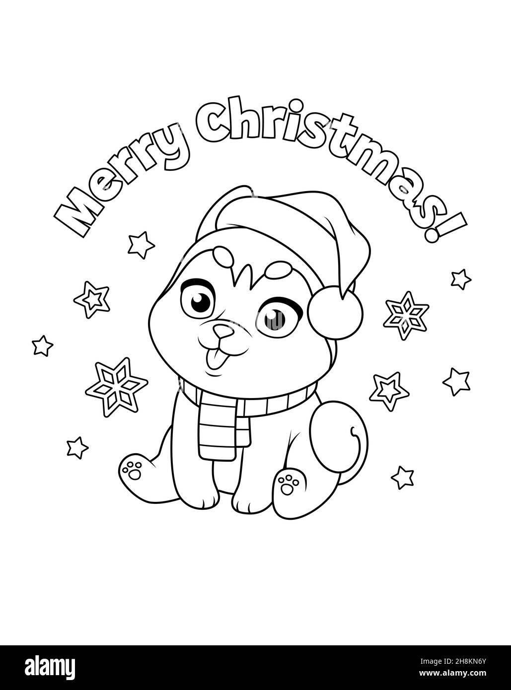 Niedliche Husky Welpen in Weihnachten Weihnachtsmann Hut. Cartoon Vektor Färbung Illustration. Stock Vektor