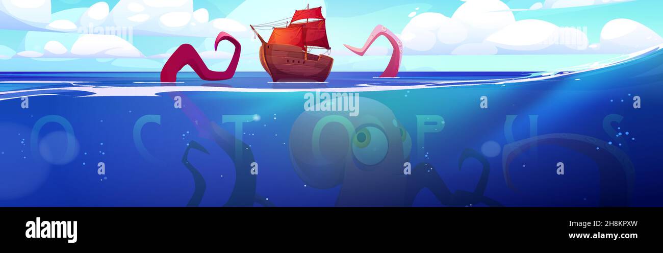 Riesenoktopus, kraken legendäres skandinavisches Folklore-Monster, das versucht, ein Holzschiff mit Tentakeln über die Wasseroberfläche des Ozeans zu bringen, Fantasy-Gruselcharakter, Cartoon-Vektor-Illustration Stock Vektor