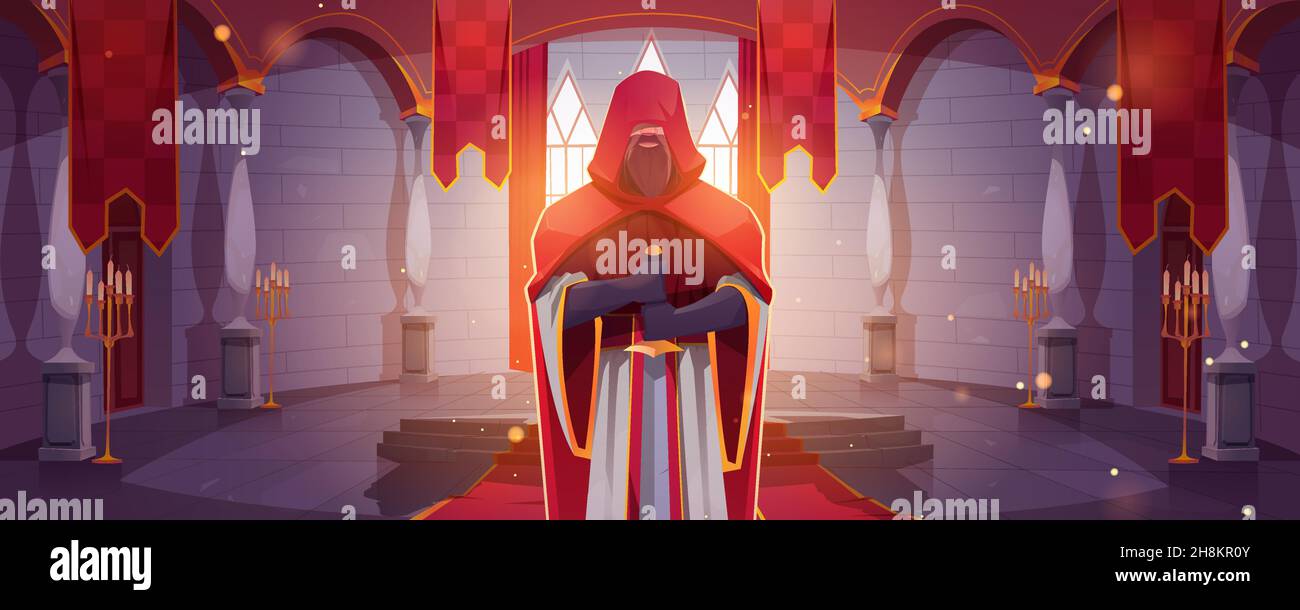 Ritter steht mit Schwert in mittelalterlicher Burg. Vektor Cartoon Märchen Illustration von Krieger oder Paladin in roten Mantel im Königspalast Innenraum mit Fahnen und Kerzen Stock Vektor