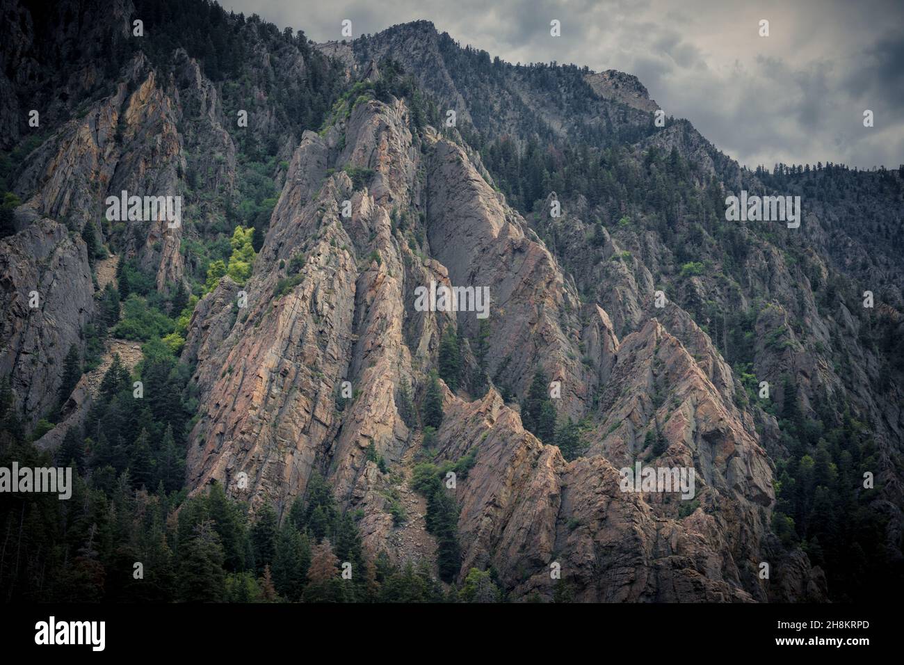 Panoramablick auf die Berglandschaft bei bewölktem Himmel im Big Cottonwood Canyon, Salt Lake City, Utah, USA Stockfoto