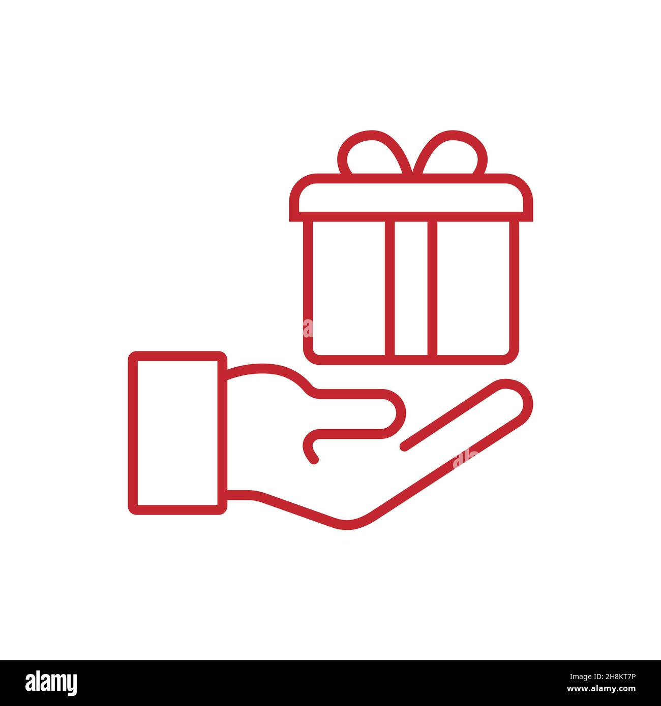 Geschenk in einer roten Box in der Hand. Geschenk-Box in der Hand Vektor einfache lineare Symbol, Illustration in Cartoon einfachen flachen Stil. Stock Vektor