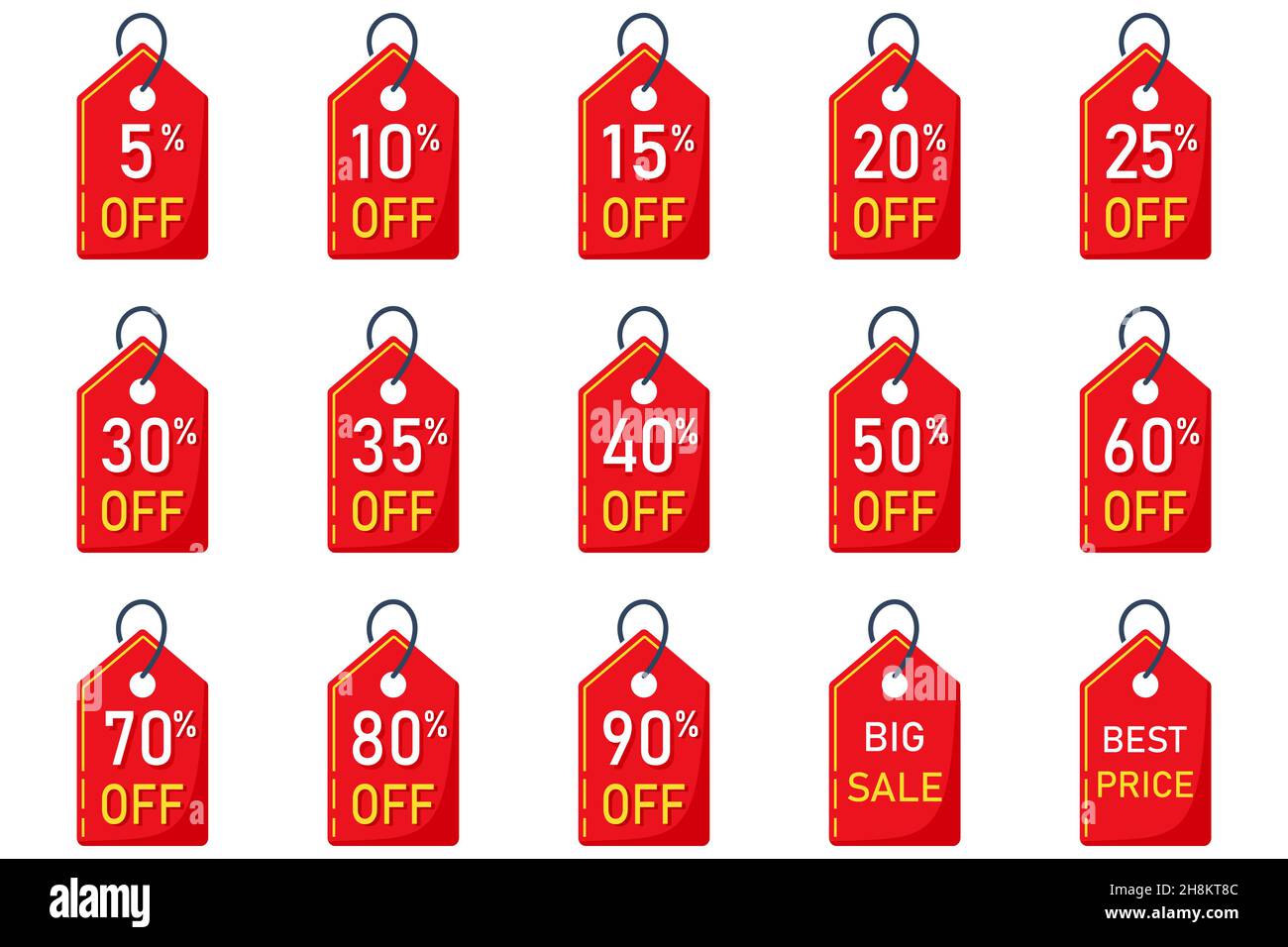 Verkauf Tags Set Vektor Abzeichen Vorlage, 5, 10 aus, 15 , 20, 25, 30, 35, 40, 50, 60, 70 Prozent Verkauf Label Symbole, Rabatt-Promotion flache Symbol Stock Vektor