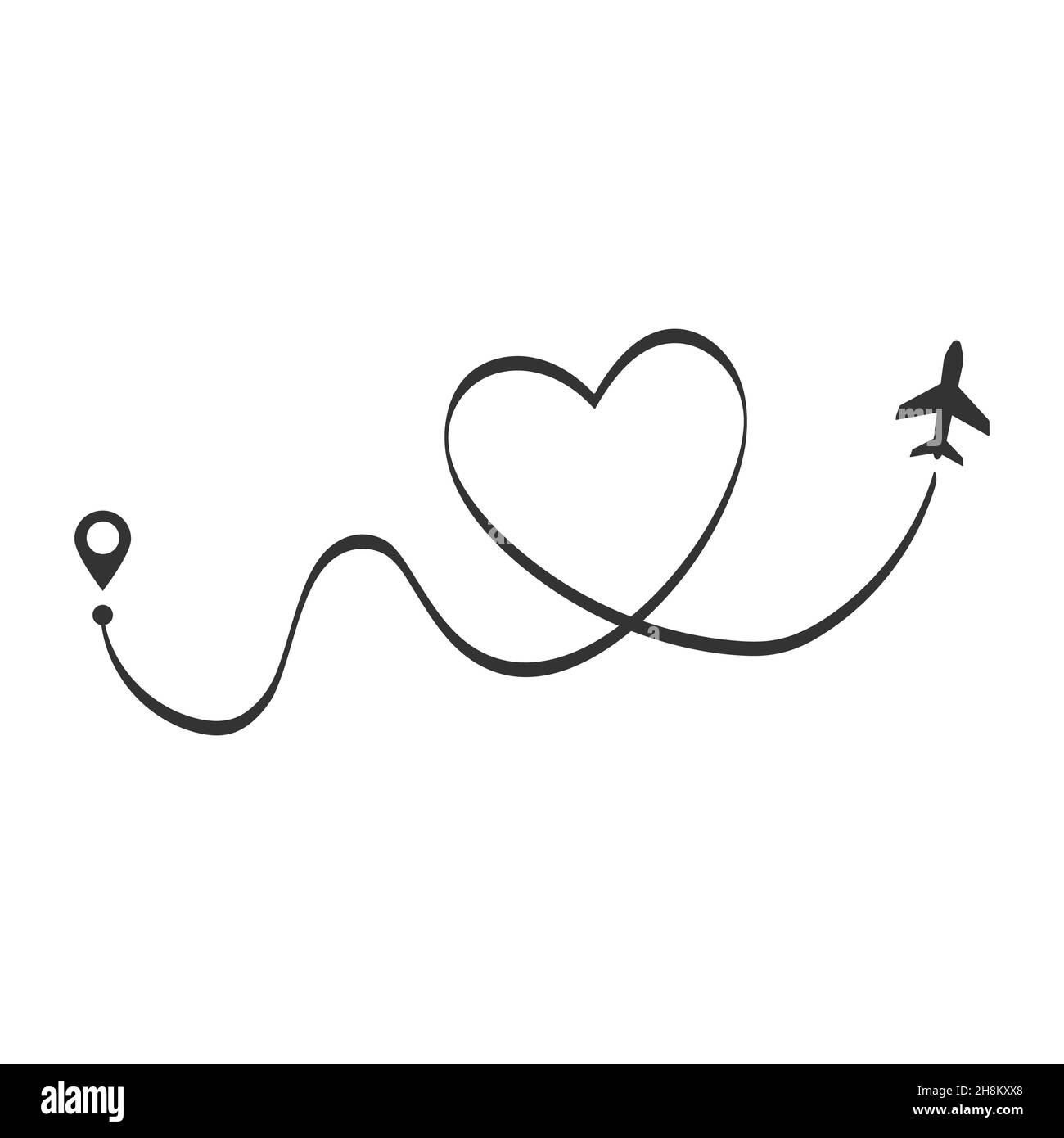 Ich liebe die Reiseroute. Vektor-Symbol für den Linienweg des Flugzeugs der Flugstrecke mit Startpunkt und Strichlinie Stock Vektor