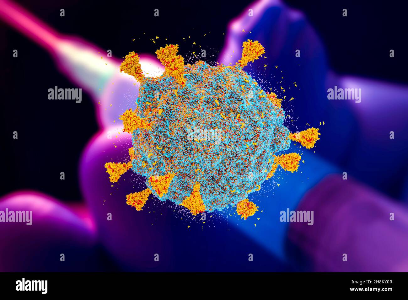 Impfstoff COVID-19 Virus SARS-COV-2 OMICRON Stamm-Coronavirus mit Impfkonzept Hintergrund, covid-19 B.1.1.529 omicron 3D Rendering Stockfoto