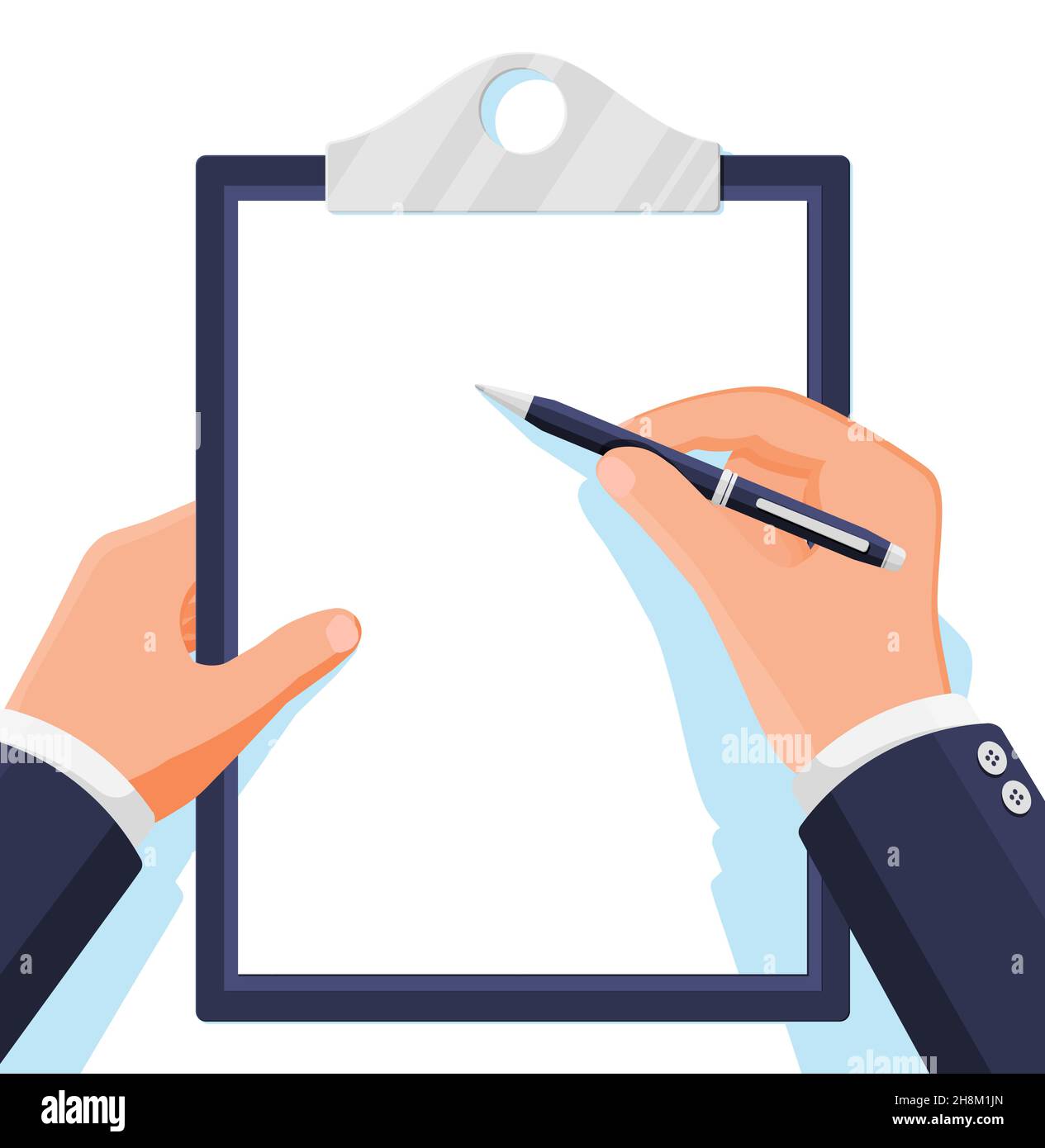 Zwischenablage mit leerem Papierblatt und Stift in der Hand Stock Vektor