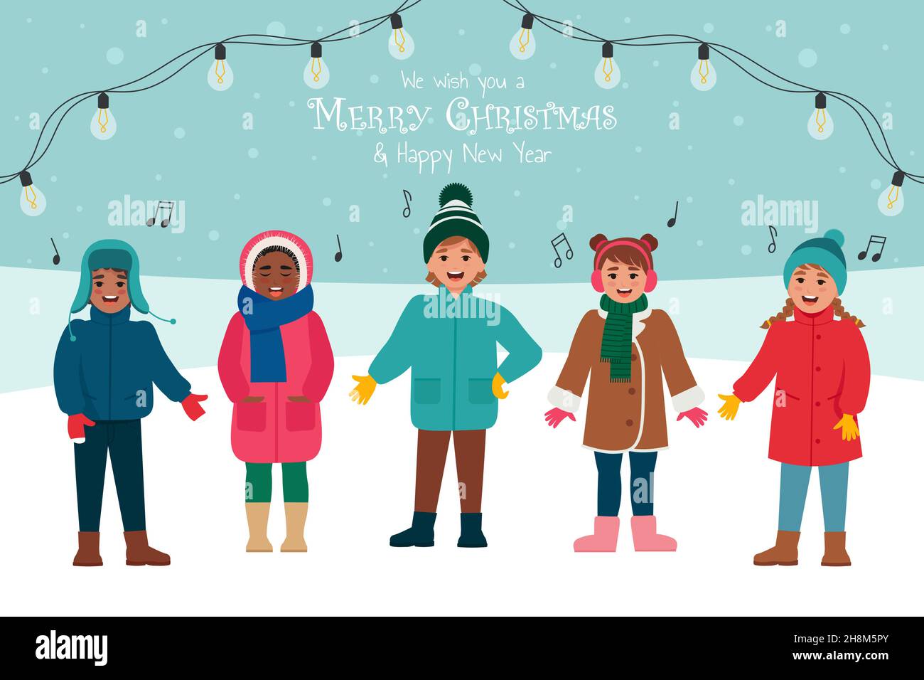 Kinder singen Weihnachtslieder. Frohe Weihnachten und Glückwünsche zum neuen Jahr – Grußkarte oder Banner. Vektorgrafik im flachen Stil Stock Vektor