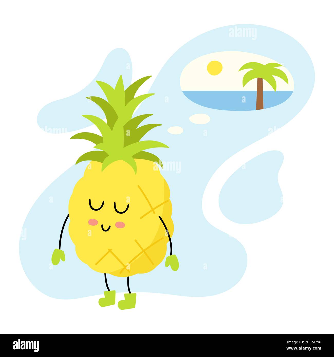 Süßes Ananas-Wesen erinnert sich oder träumt von einem Sommerurlaub auf See. Lustige Winter Maskottchen. Kawaii-Früchte. Helle Cliparts für Weihnachten und Neujahr Stock Vektor
