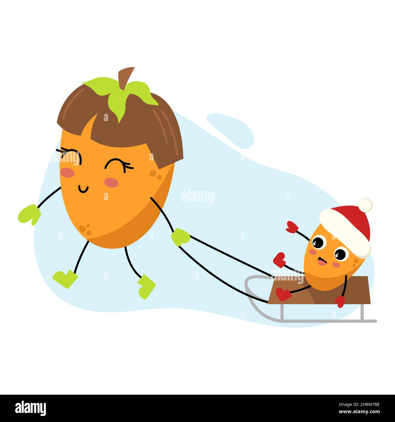 Persimmon-Charakter. Mama reitet ihren Sohn auf einem Schlitten. Niedliche Cartoon Winter Maskottchen. Lustige Cliparts für Weihnachten und Neujahr Design. Kawaii süße Früchte. Stock Vektor