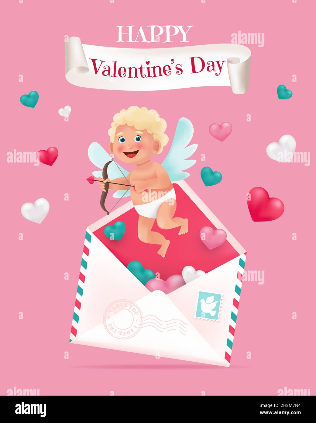 Valentinskarte mit niedlichem Amor, Herzen und Umschlag. Vektorgrafik im Cartoon 3D Stil Stock Vektor