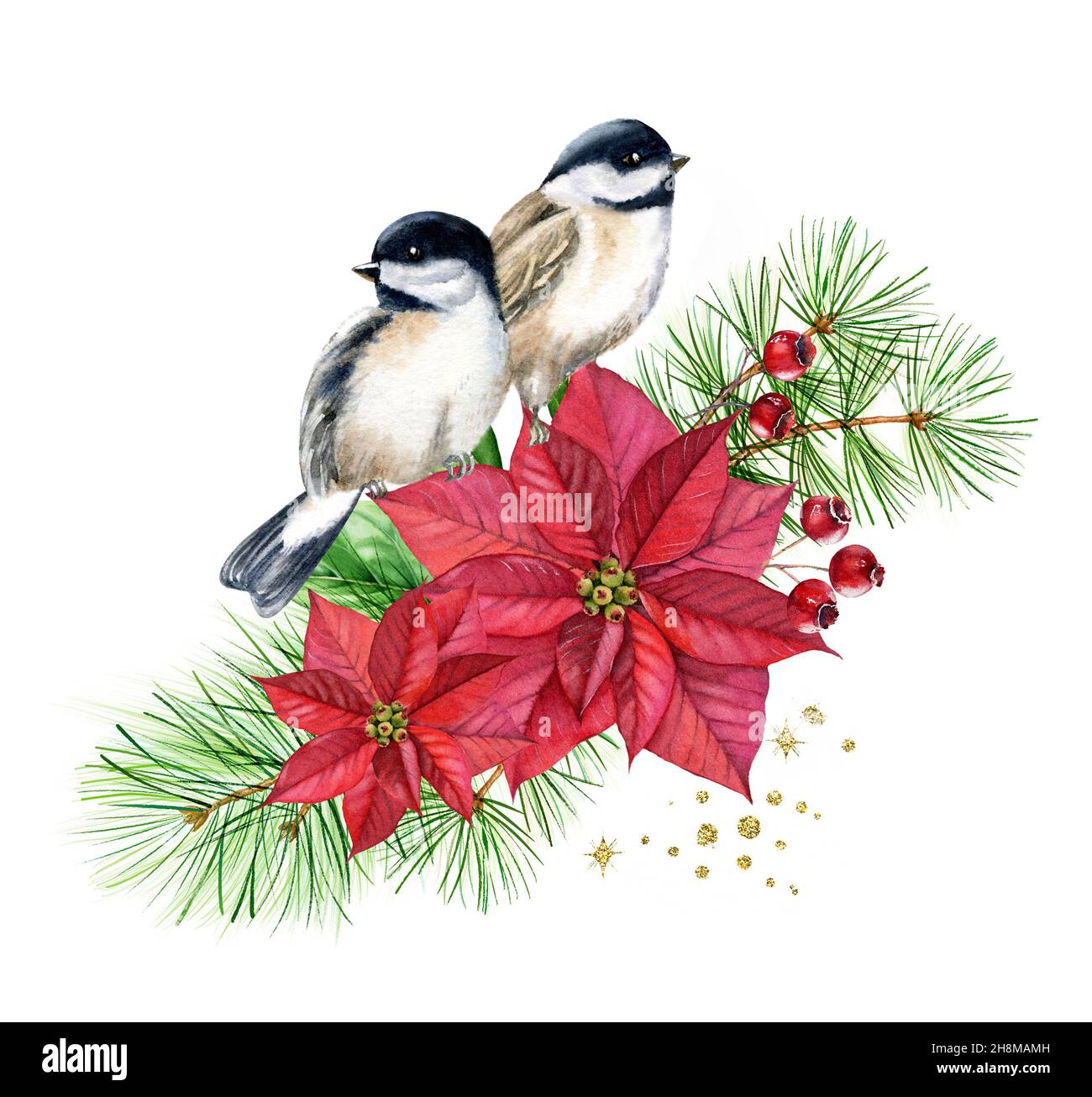 Aquarell Vögel auf Blumenstrauß mit roten Blumen. Weihnachtskarte mit Kiefernbaum, Weihnachtsstern, goldener Glitterfolie. Botanische Blumendarstellung für Stockfoto