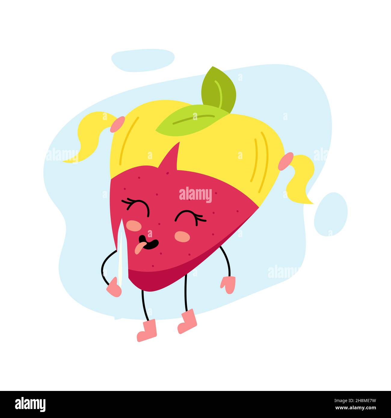 Kawaii-Erdbeer-Charakter. Lustige Winter Maskottchen isst Eiszapfen. Süße, glückliche Beeren. Humorvolles Element für Neujahr und Weihnachtsgestaltung von Grußkarten Stock Vektor