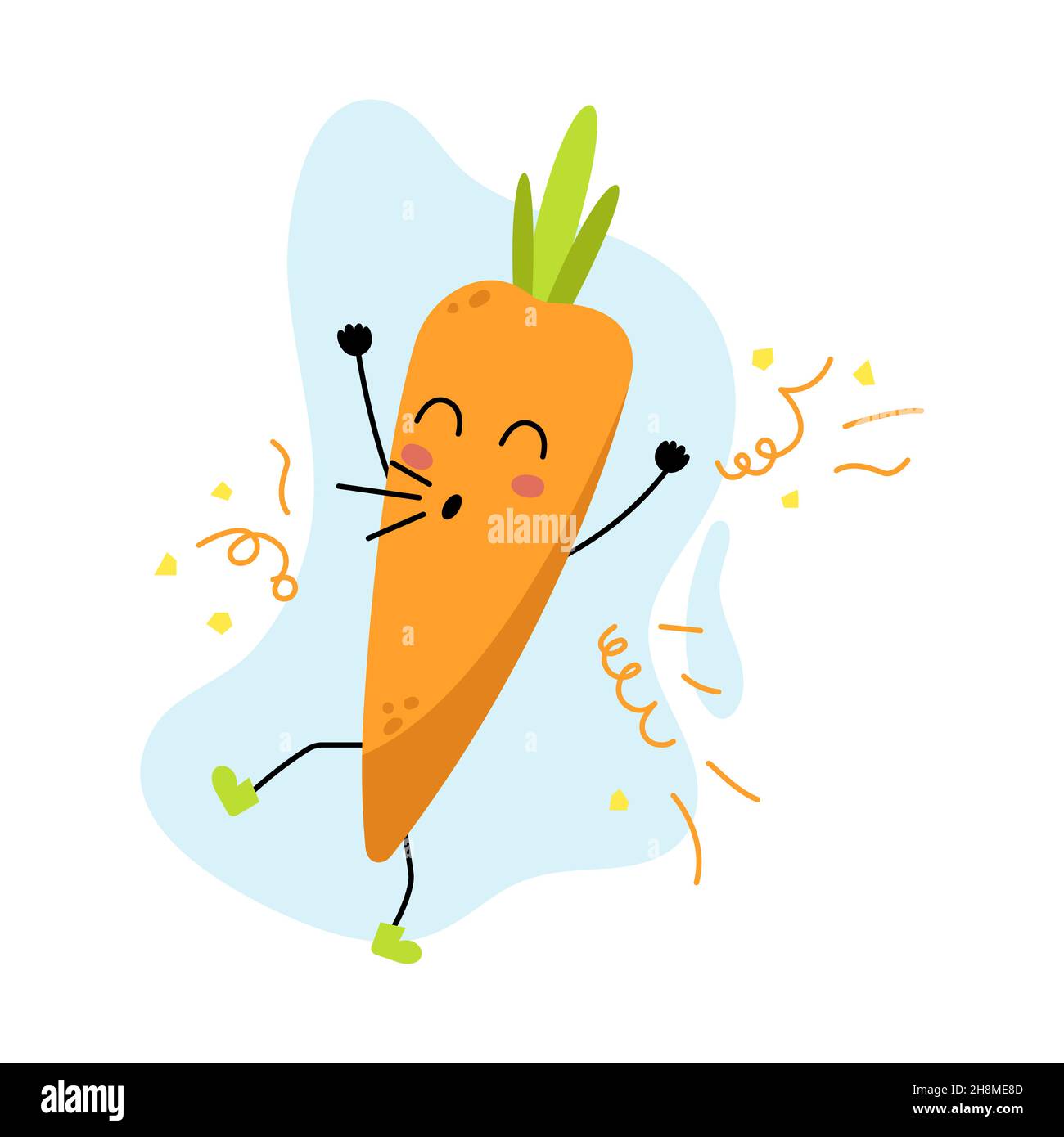 Kawaii-Karotten-Charakter. Niedliches Wintermaskottchen, das auf einer Neujahrsparty tanzt. Lustiges, glückliches Gemüse. Druck für Weihnachten Grußkarte Design. Clipart Stock Vektor