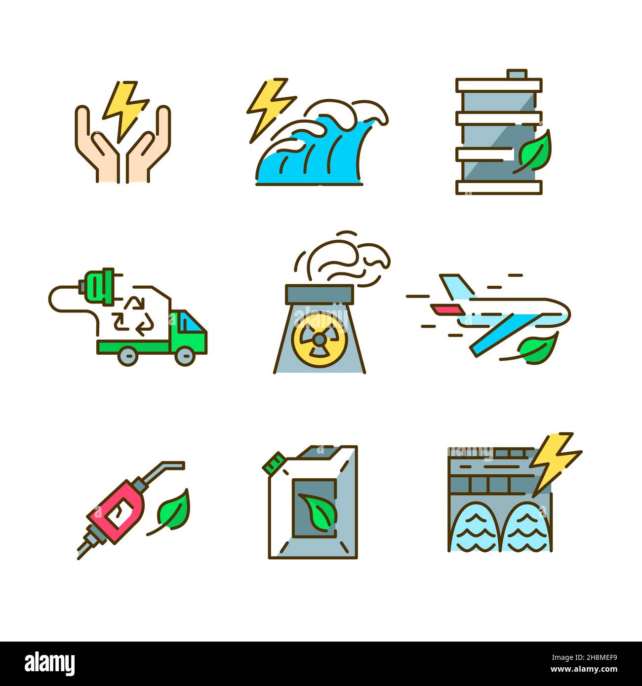 Nachhaltige Energie. Grüne umweltfreundliche alternative Quellen. Welle, Kernenergie, Wasserkraft und andere. Pixelgenaue, bearbeitbare Kontur Stock Vektor