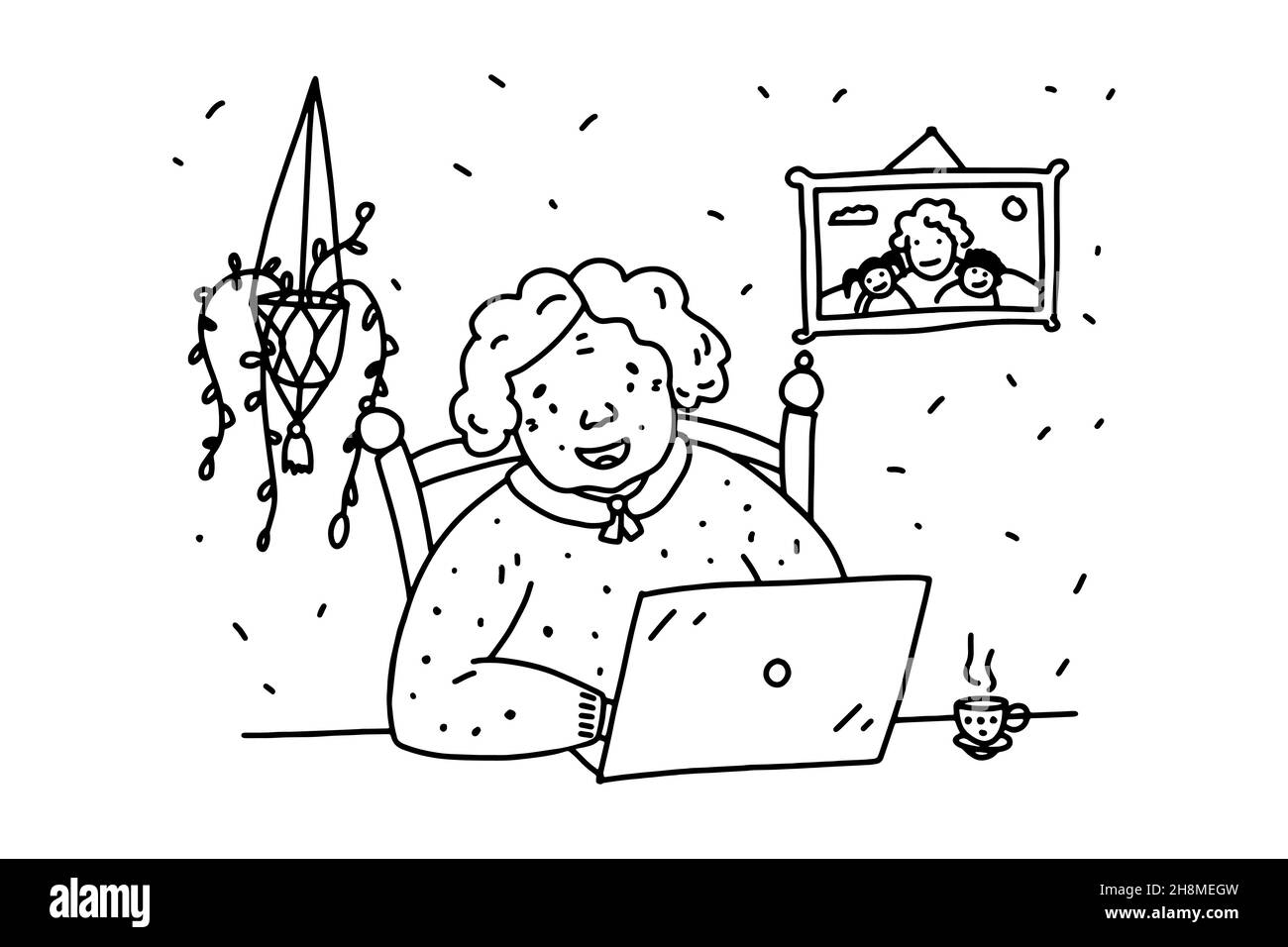 Doodle ältere Frau mit Laptop. Handgezeichnete Umrisse Mensch in einem gemütlichen Interieur. Glückliche Kommunikation mit Oma. Cartoon-Großmutter. Weibliches Porträt. Haare Stock Vektor