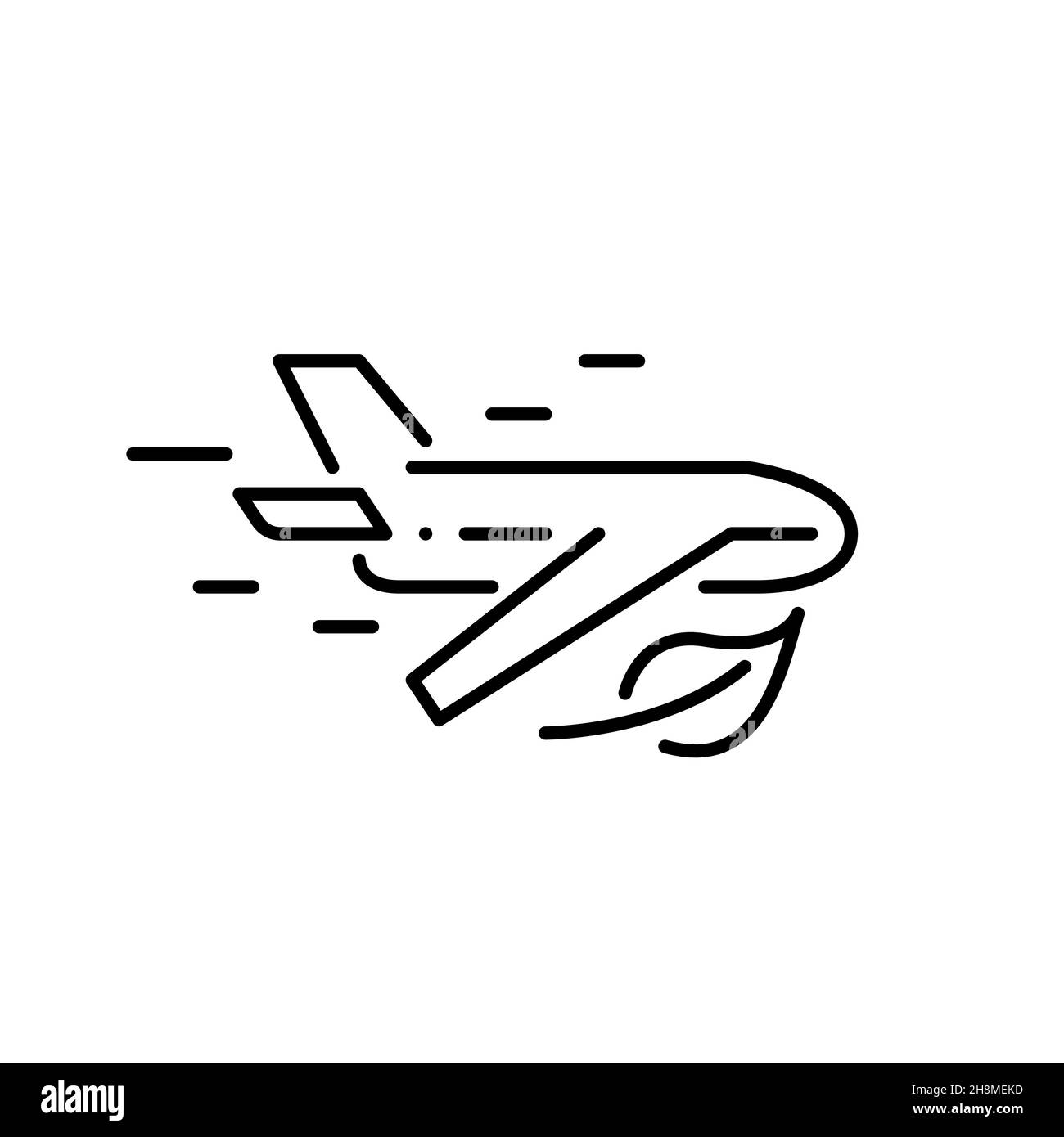 Symbol für nachhaltigen Flugkraftstoff. Flugzeug fliegt mit grünen Blättern. Pixel Perfect, bearbeitbares Kontursymbol Stock Vektor