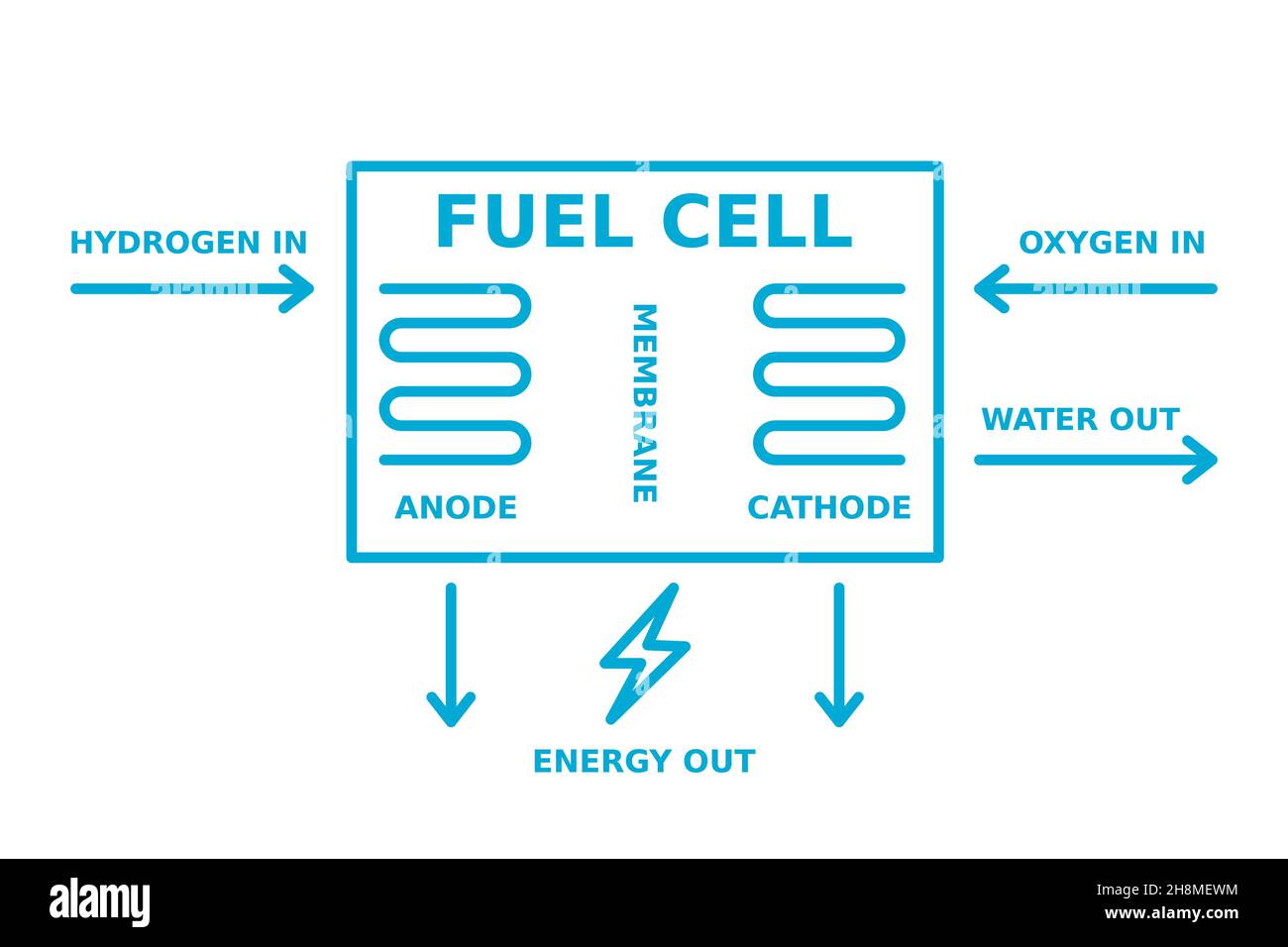 Wasserstoff-Brennstoffzelle. Chemische Reaktion, die Elektrizität erzeugt. H2 Energieerzeugung. Nachhaltige und erneuerbare Energiequelle. Anode, Kathode, Membran. Stock Vektor