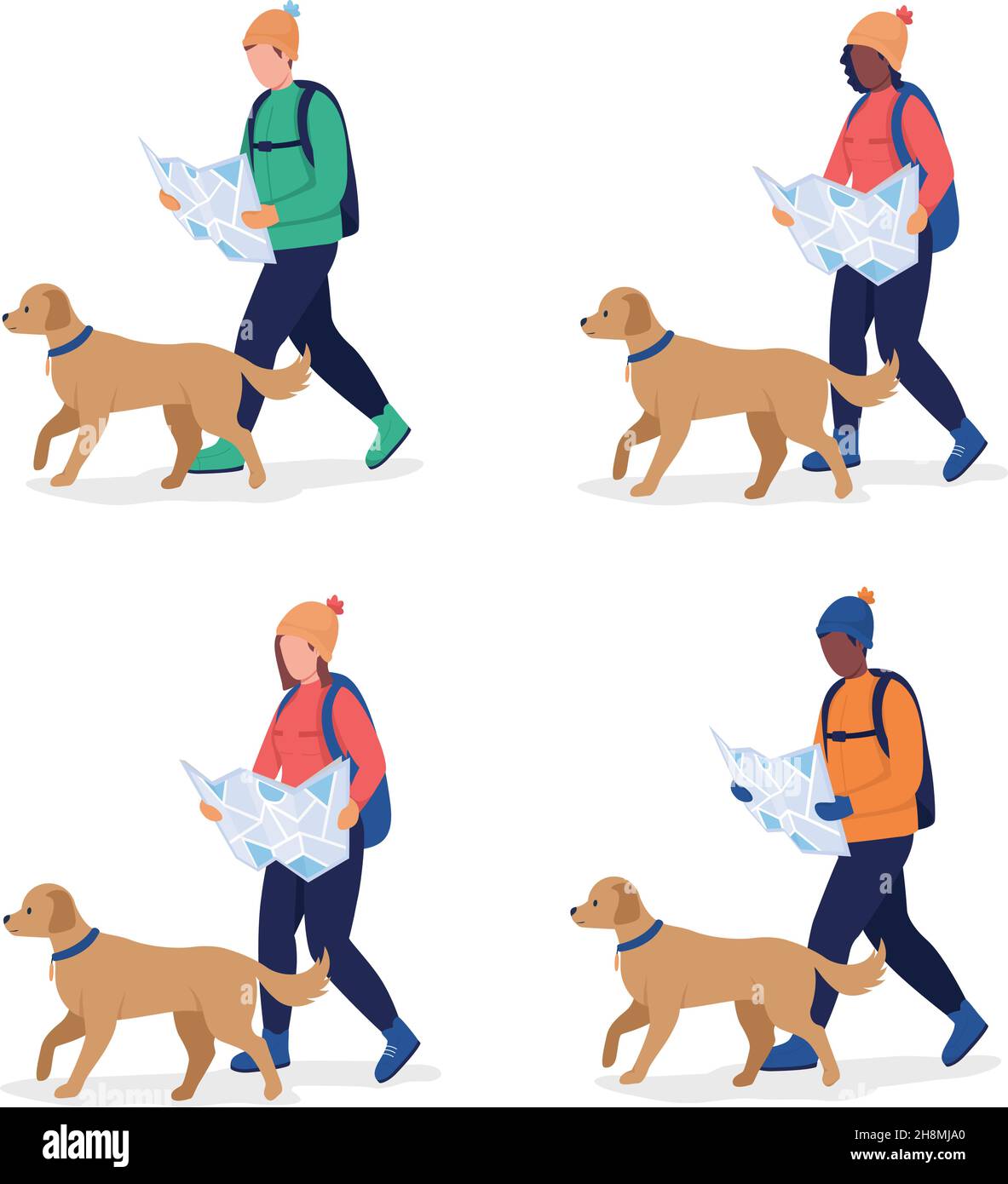 Person Trekking mit Hund semi flache Farbe Vektor-Zeichensatz Stock Vektor