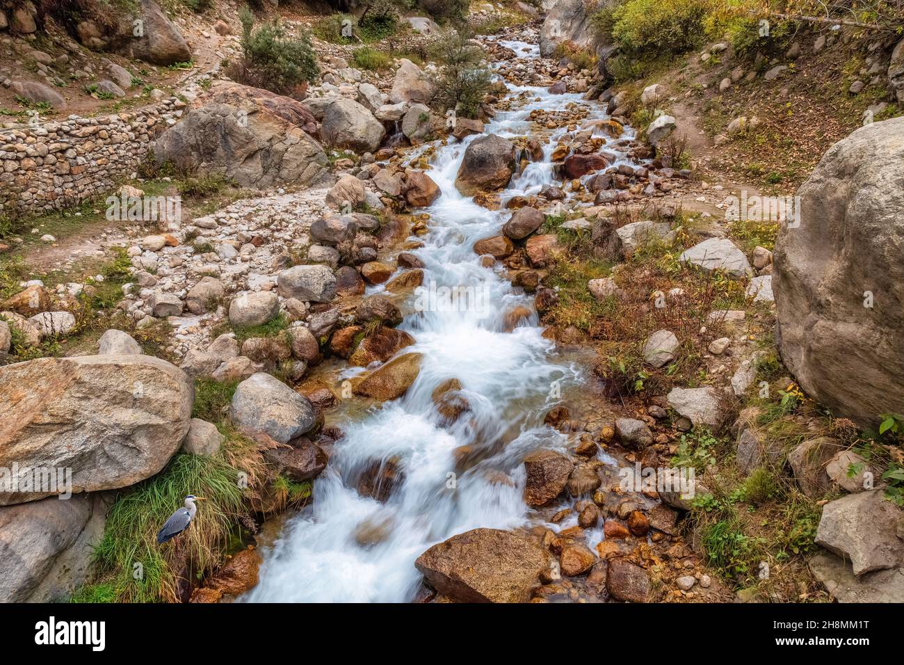 Bergwasserfall mit Felsen und Felsbrocken im Himalaya bei Sangla Himachal Pradesh, Indien Stockfoto