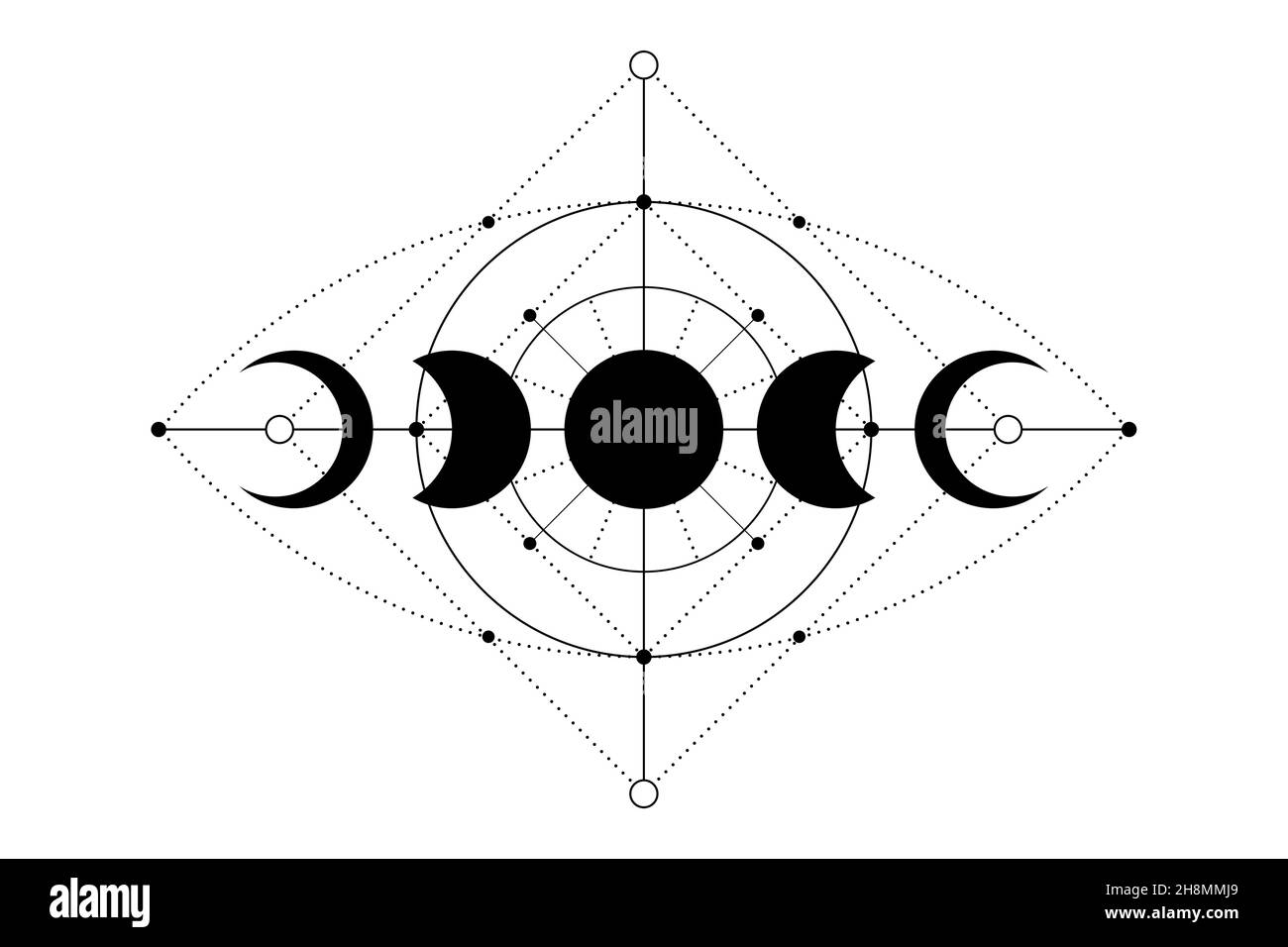 Himmlische Magie Mondphasen Symbole, Heilige Geometrie, Auge der Vorsehung mystische Konzept, Alchemie alles sehende Auge, schwarzes Logo Tattoo, Boho Stil Vektor i Stock Vektor