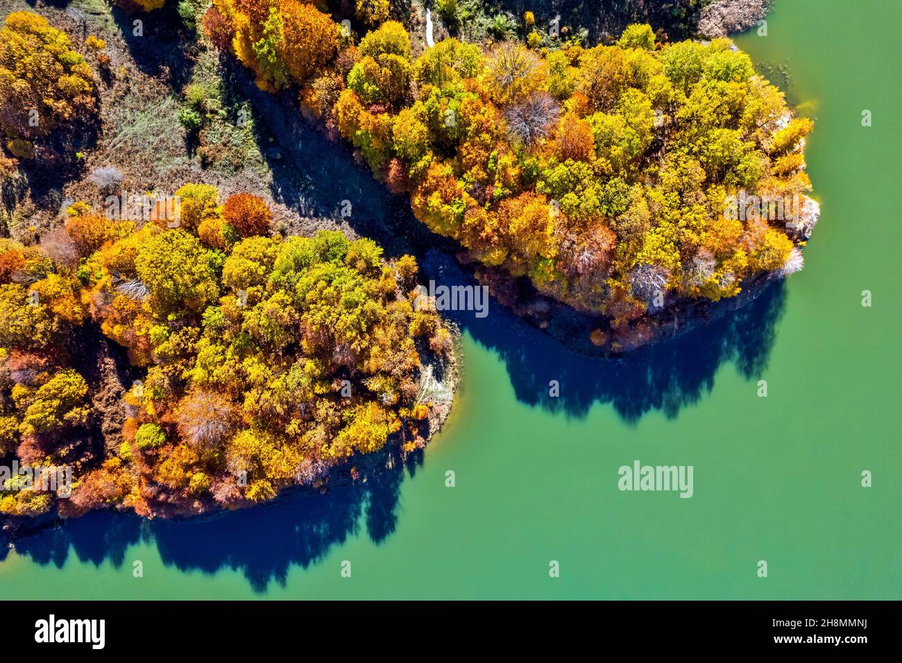 Herbstfarben in Longas (oder "Loggas") See, Antichasia Berge, Trikala, Thessalien, Griechenland. Stockfoto