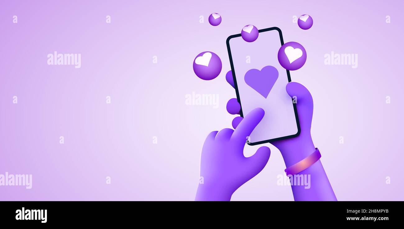 Niedliche Cartoon-Hand hält Handy mit Likes Benachrichtigungssymbole auf blauem Hintergrund. Social Media und Marketing Konzept. Vektorgrafik Stock Vektor