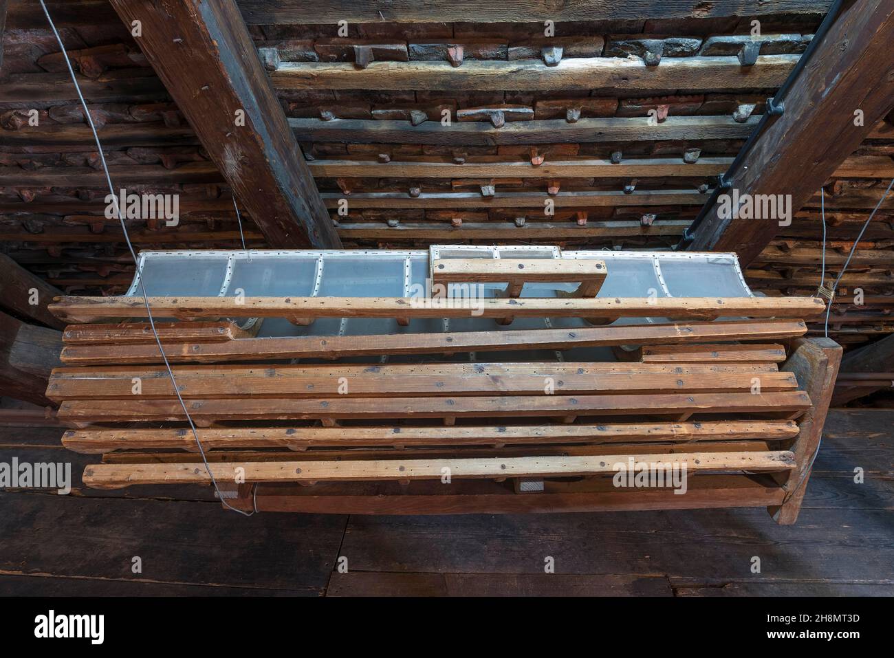 Ersatzsiebe einer Getreidemühle im Dachgeschoss, Industriemuseum, Lauf an der Pegnitz, Mittelfranken, Bayern, Deutschland Stockfoto